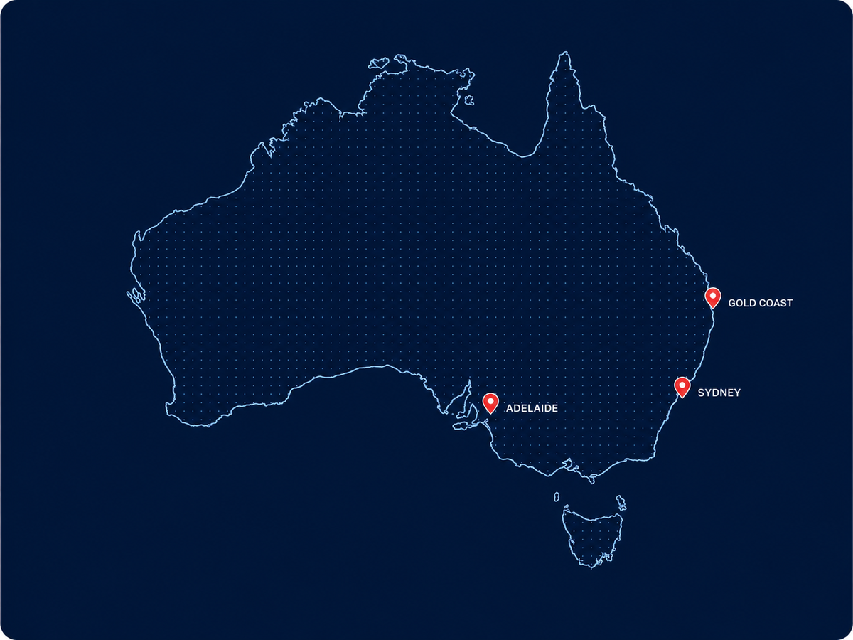 Australia map showing Sydney, Adelaide and Gold Coast coverage